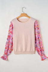 Oatmeal Floral Printed Patchwork Smocked Lantern Sleeve Knit Top Sweaters JT's Designer Fashion