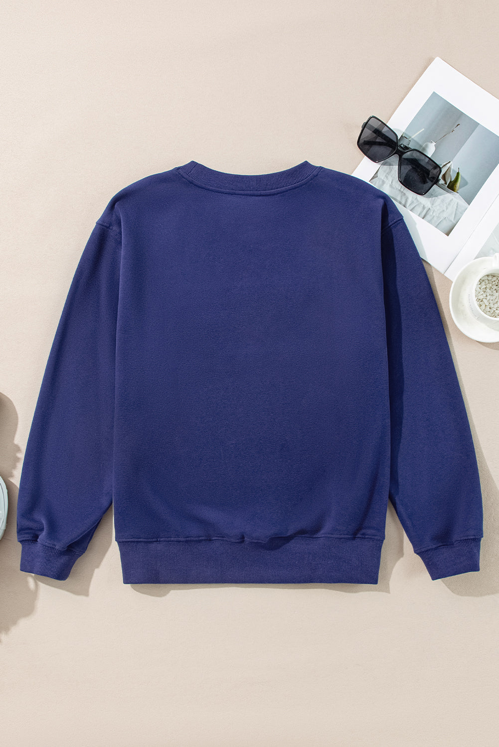 Navy Blue Plain Drop Shoulder Crewneck Pullover Sweatshirt Sweatshirts & Hoodies JT's Designer Fashion