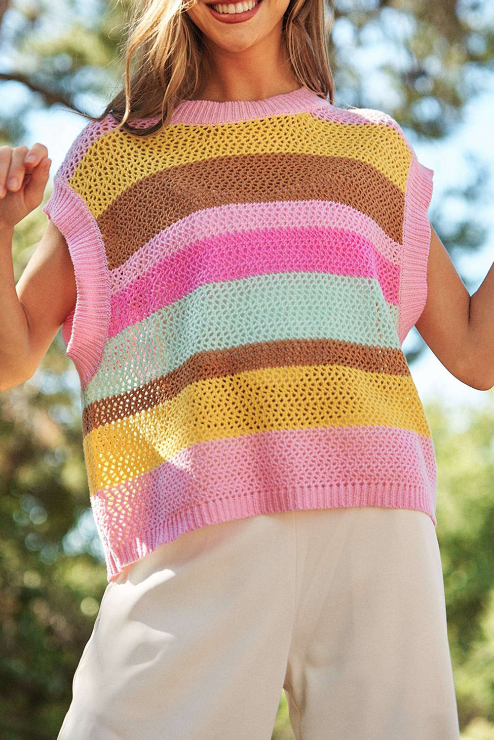Pink Stripe Hollowed Crochet Cap Sleeve Loose Fit Sweater T Shirt Sweaters & Cardigans JT's Designer Fashion