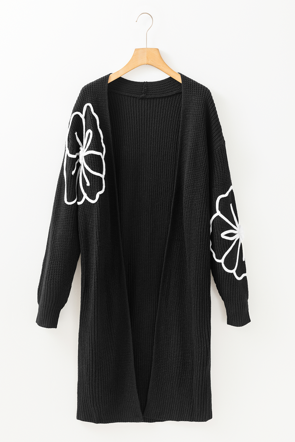 Black Flower Embroidered Drop Shoulder Open Front Duster Cardigan Cardigans JT's Designer Fashion