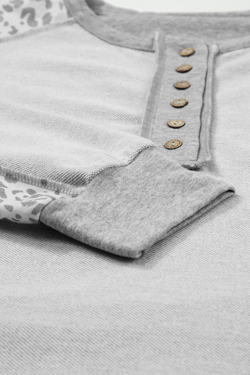 Gray Leopard Patchwork Exposed Seam Buttoned Neck Sweatshirt Sweatshirts & Hoodies JT's Designer Fashion