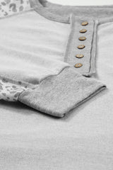 Gray Leopard Patchwork Exposed Seam Buttoned Neck Sweatshirt Sweatshirts & Hoodies JT's Designer Fashion