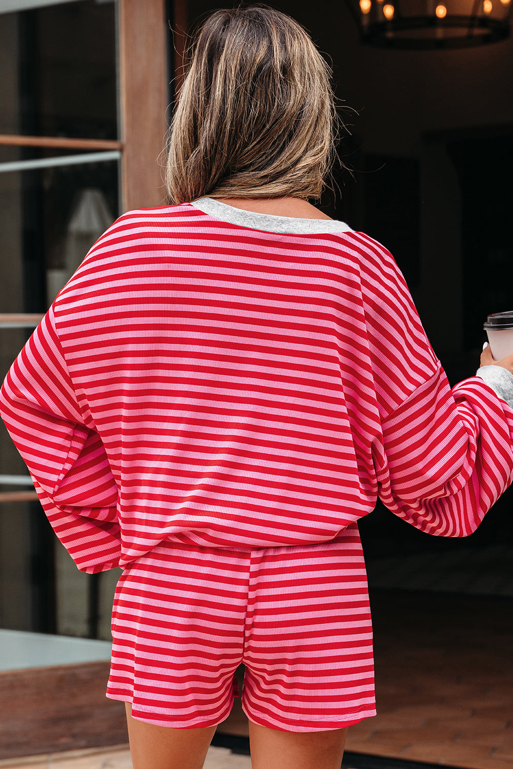 Red Stripe Drop Shoulder Baggy Pullover and Shorts Casual Set Short Sets JT's Designer Fashion