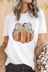 White Thanksgiving Bow Knot Pumpkin Print Round Neck T Shirt Graphic Tees JT's Designer Fashion