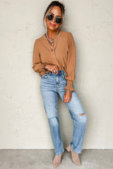 Straw Yellow Solid Color Shirred Cuff Notch V Neck Blouse Blouses & Shirts JT's Designer Fashion