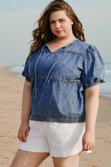 Sail Blue Plus Drawstring V Neck Puff Sleeve Denim Blouse Plus Size Blouses & Shirts JT's Designer Fashion