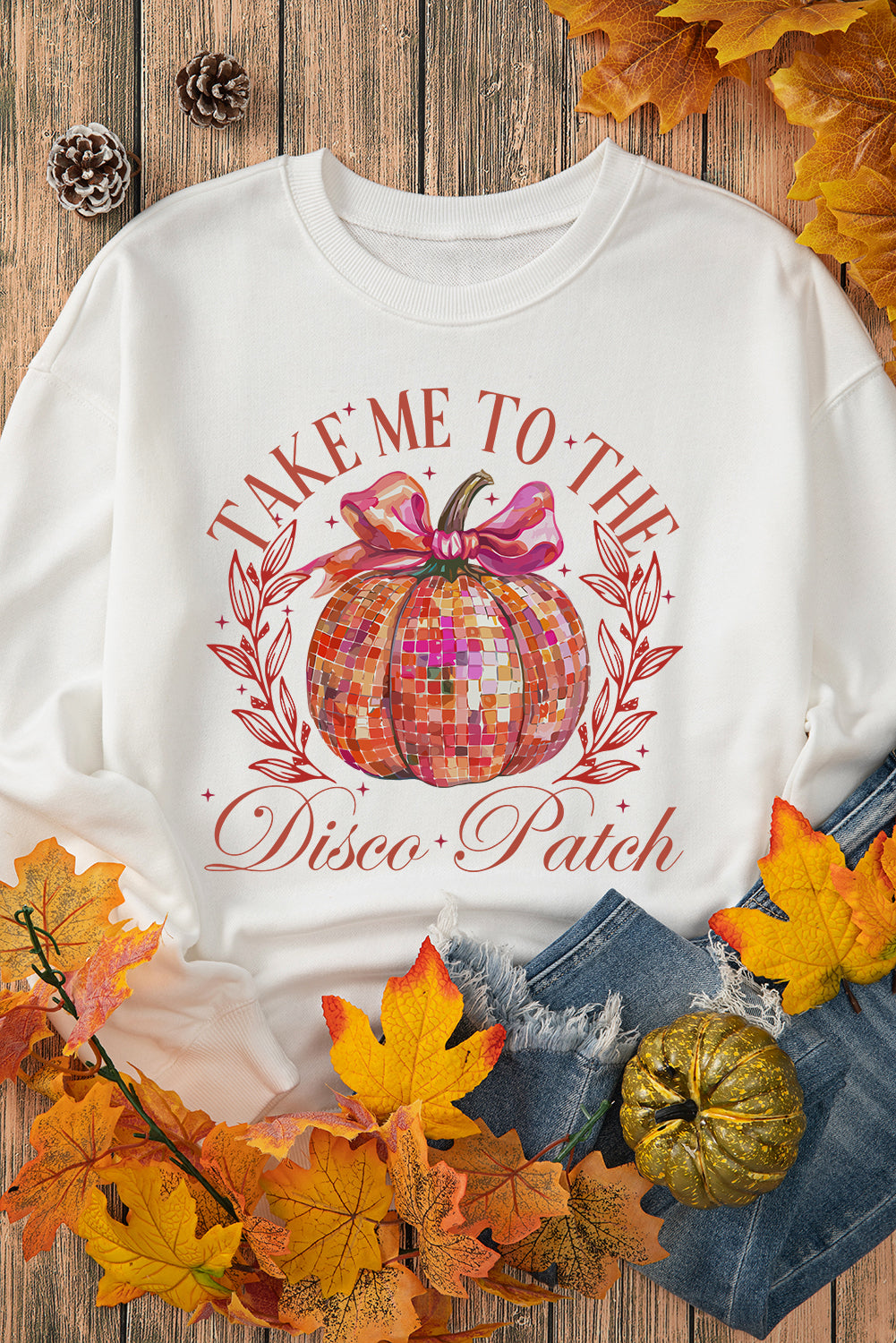 Beige Halloween Disco Ball Pumpkin Print Pullover Sweatshirt Beige 50%Polyester+50%Cotton Graphic Sweatshirts JT's Designer Fashion