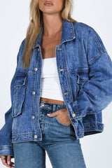 Blue Chest Pockets Drop Shoulder Loose Denim Jacket Blue 75%Cotton+12.7%Polyester+12.3%Viscose Denim Jackets JT's Designer Fashion