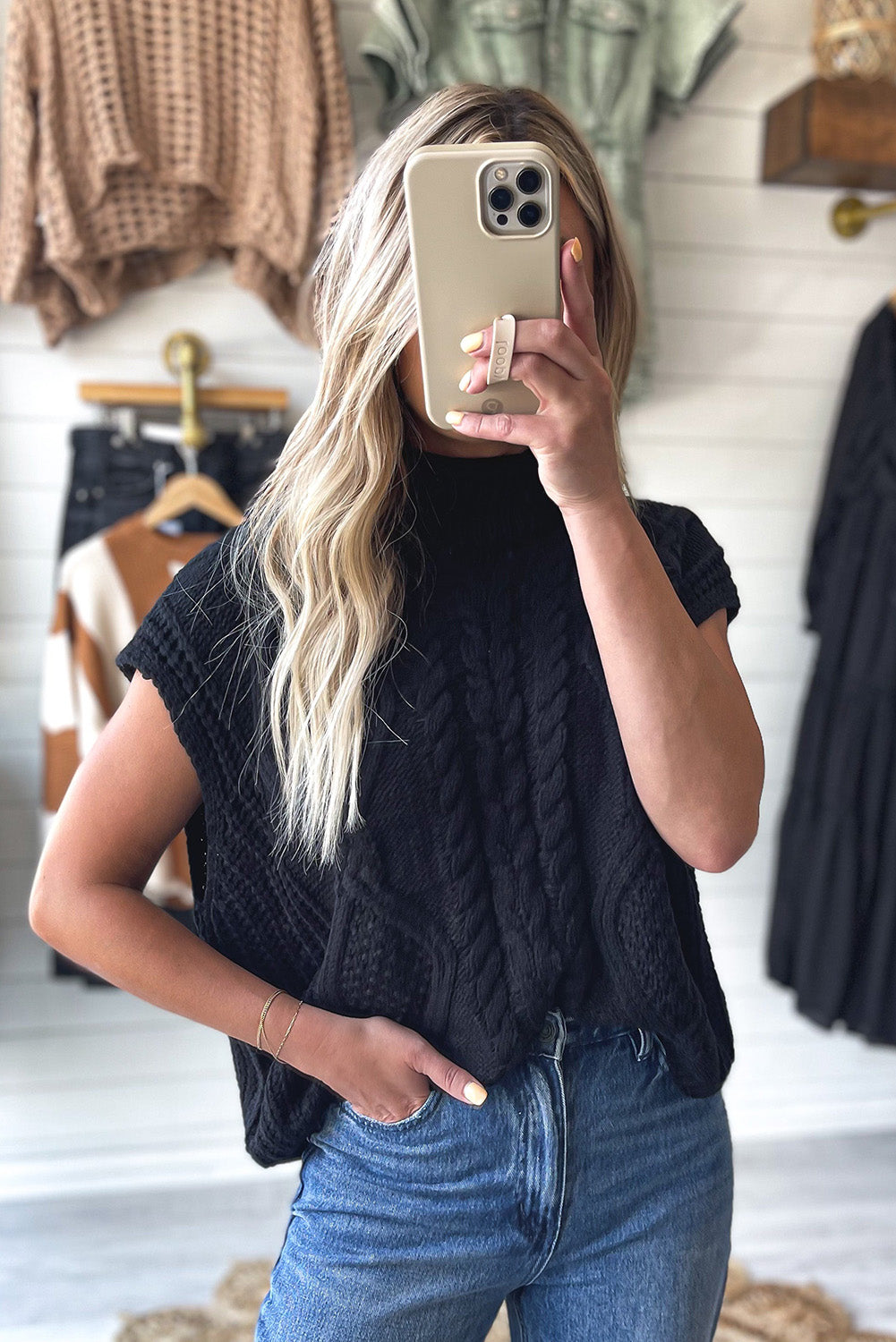 Black Solid Color Cable Knit High Neck Sweater T Shirt Sweaters & Cardigans JT's Designer Fashion