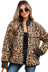 Khaki Leopard Print Zip Up Stand Neck Side Pocket Jacket Jackets JT's Designer Fashion