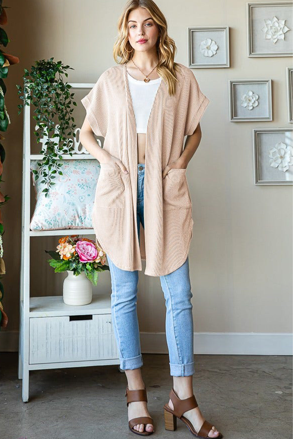 Parchment Ribbed Pocketed Short Sleeve Open Front Top Kimonos JT's Designer Fashion