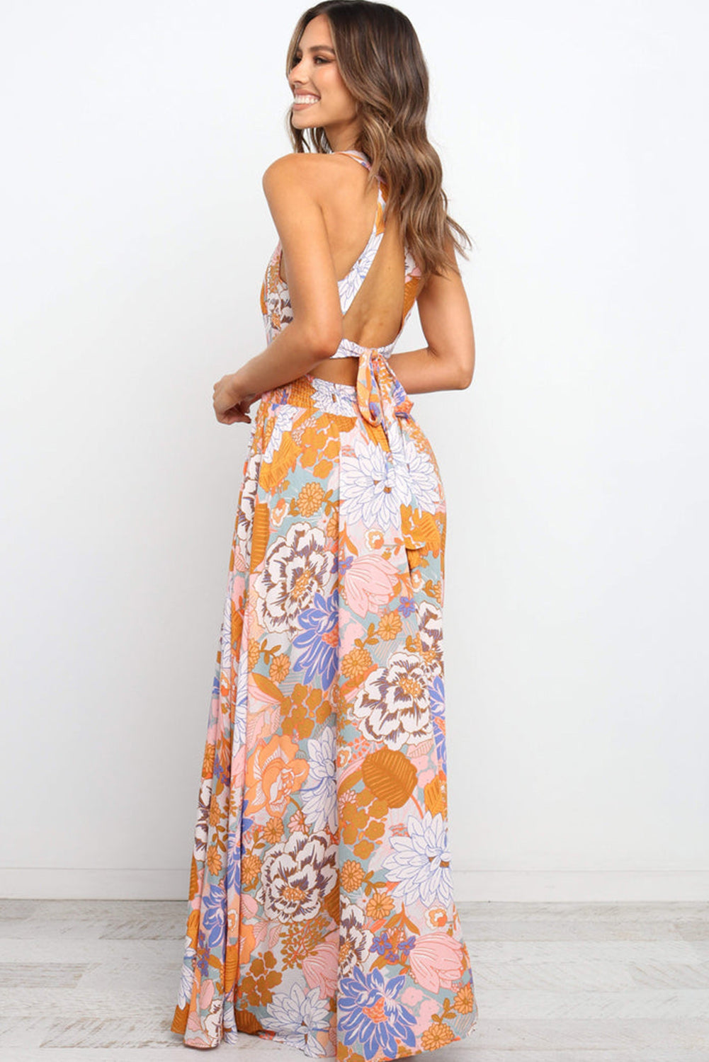 Orange Boho Floral Backless Lace up Sleeveless Maxi Dress Dresses JT's Designer Fashion