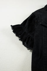 Black Raw Edge Ruffled Short Sleeve Denim Jacket Denim Jackets JT's Designer Fashion