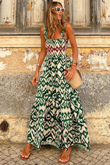Green Western Aztec Shirred A-line Sleeveless Long Dress Maxi Dresses JT's Designer Fashion