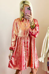 Peach Blossom Metallic Sheen Puff Sleeve Button Up Mini Shirt Dress Mini Dresses JT's Designer Fashion
