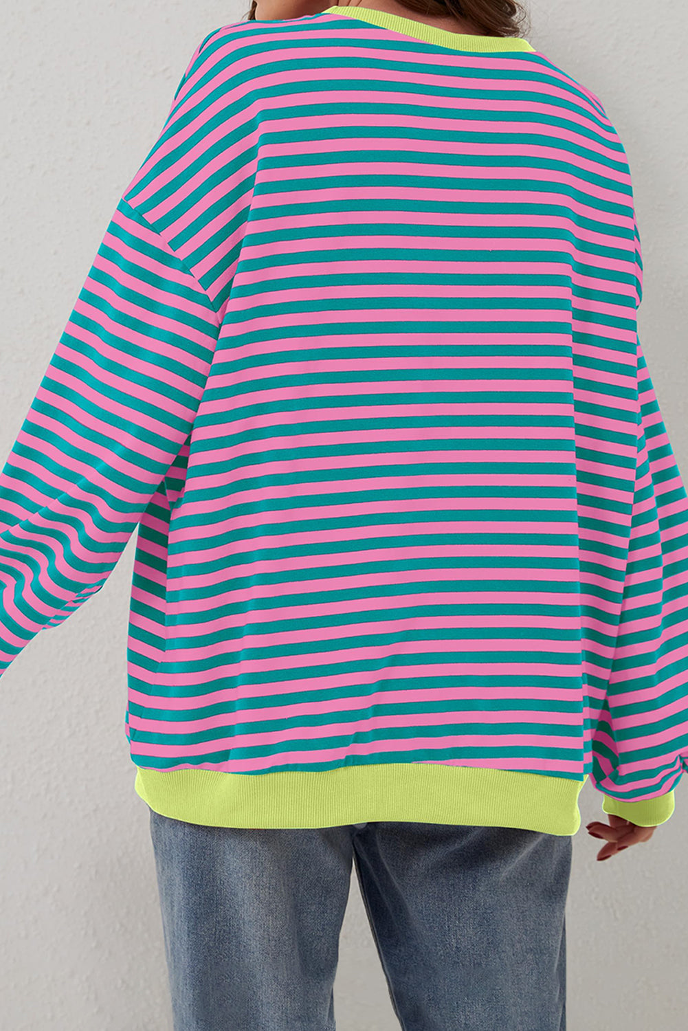 Green Stripe Oversized Contrast Trim Pullover Sweatshirt Sweatshirts & Hoodies JT's Designer Fashion