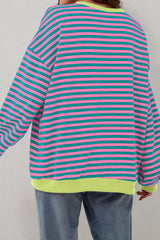 Green Stripe Oversized Contrast Trim Pullover Sweatshirt Sweatshirts & Hoodies JT's Designer Fashion