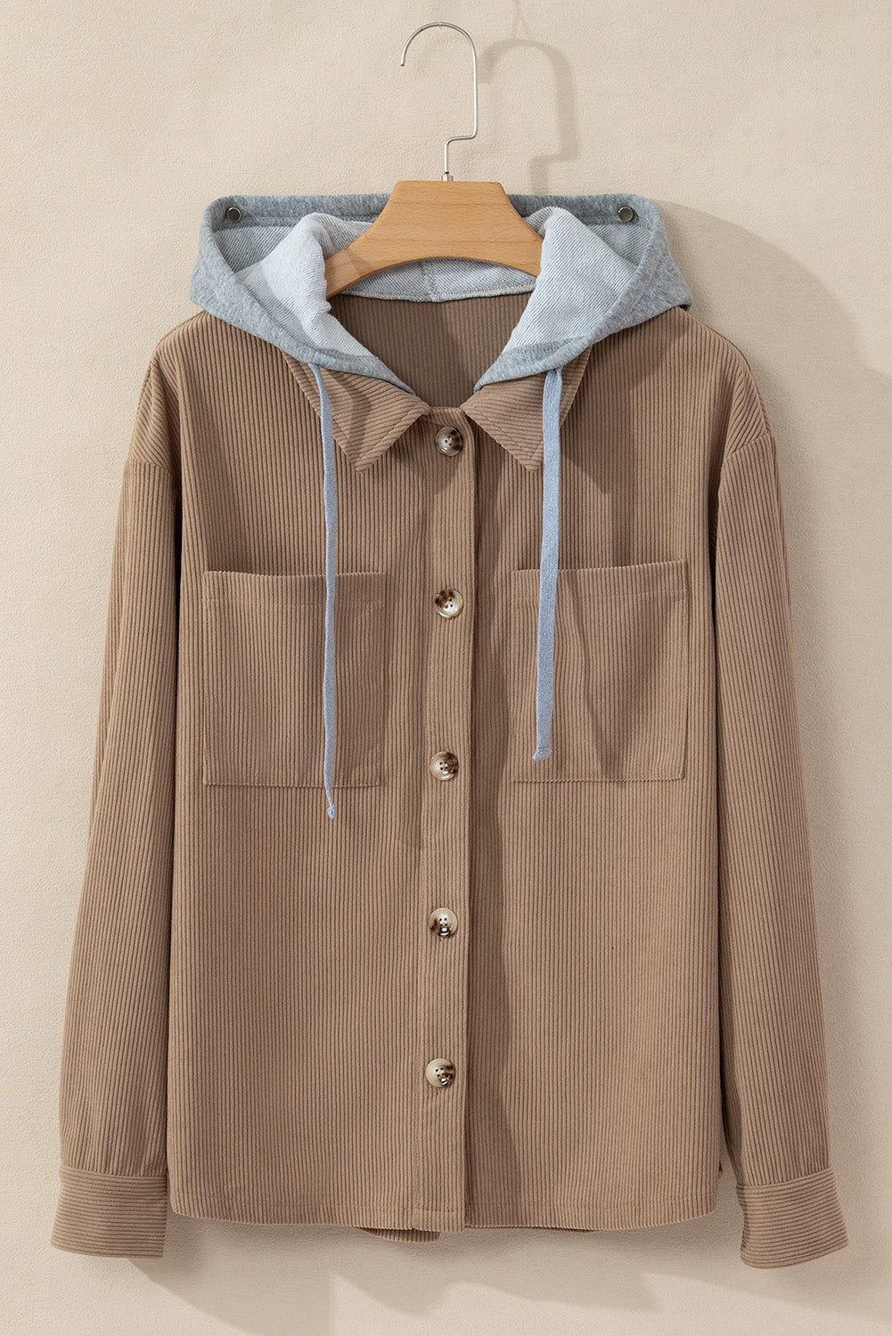 Pale Khaki Hooded Drawstring Pockets Corduroy Shacket Jackets JT's Designer Fashion
