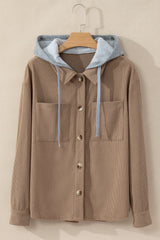 Pale Khaki Hooded Drawstring Pockets Corduroy Shacket Jackets JT's Designer Fashion