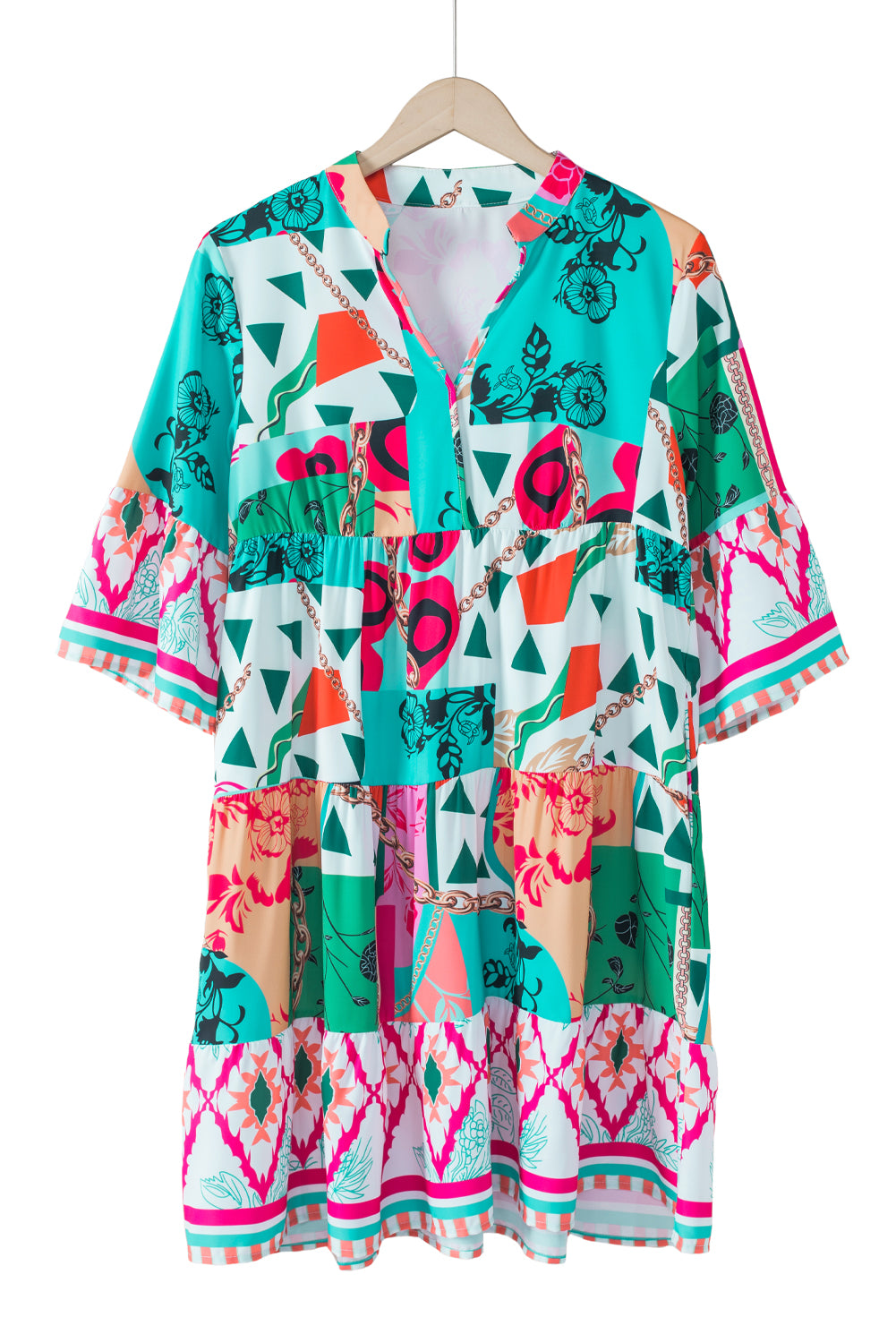 Multicolour Abstract Printed Half Sleeve Notched Neck Mini Dress Mini Dresses JT's Designer Fashion