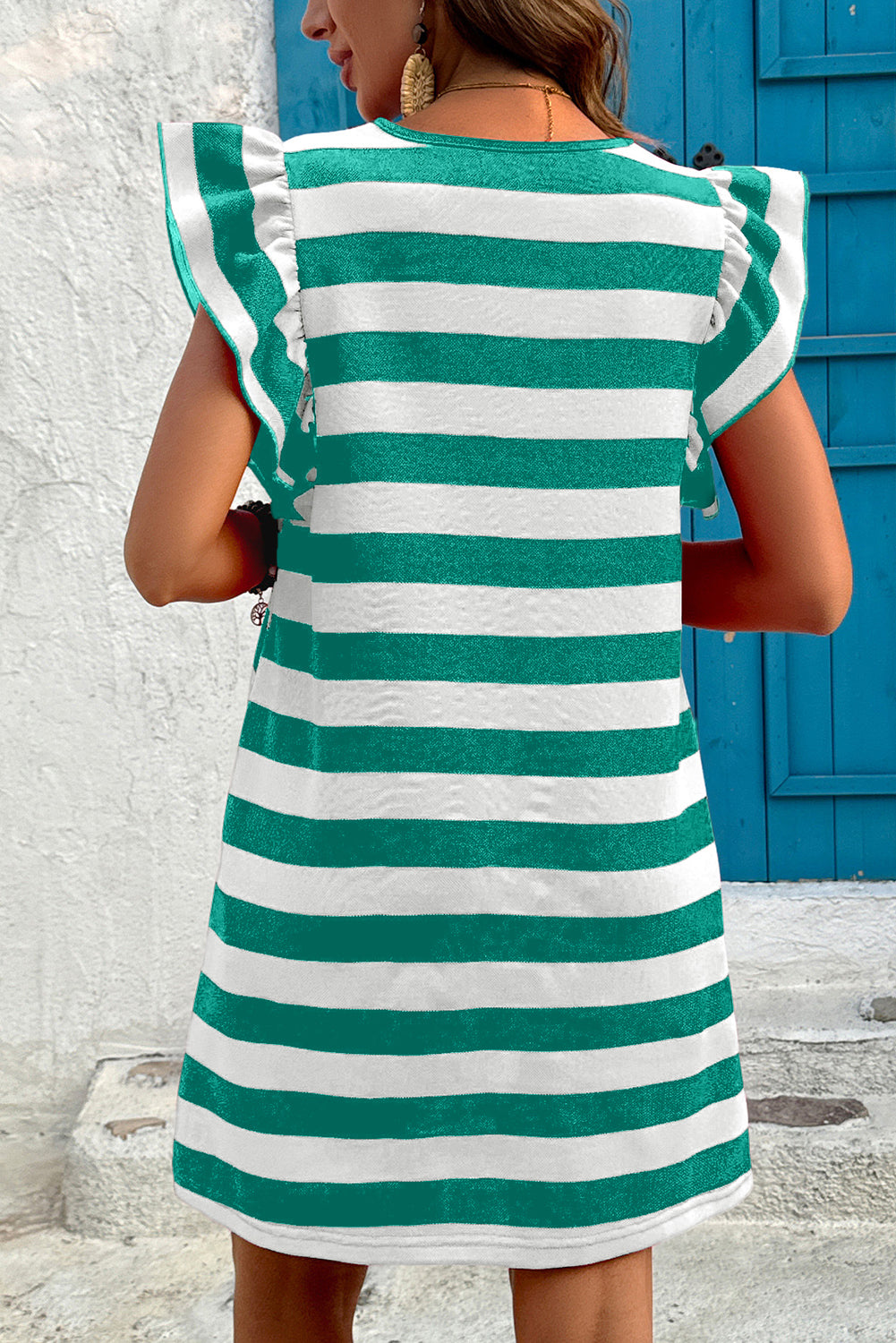 Green Stripe Flutter Sleeve Round Neck Shift Dress Mini Dresses JT's Designer Fashion