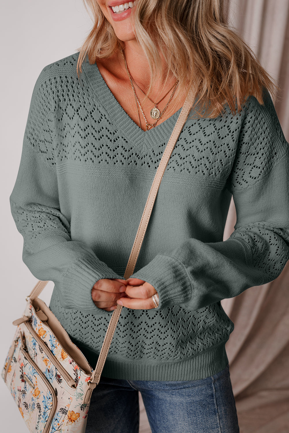 Mist Green Eyelet Pattern Detail V Neck Drop Shoulder Sweater Sweaters JT's Designer Fashion
