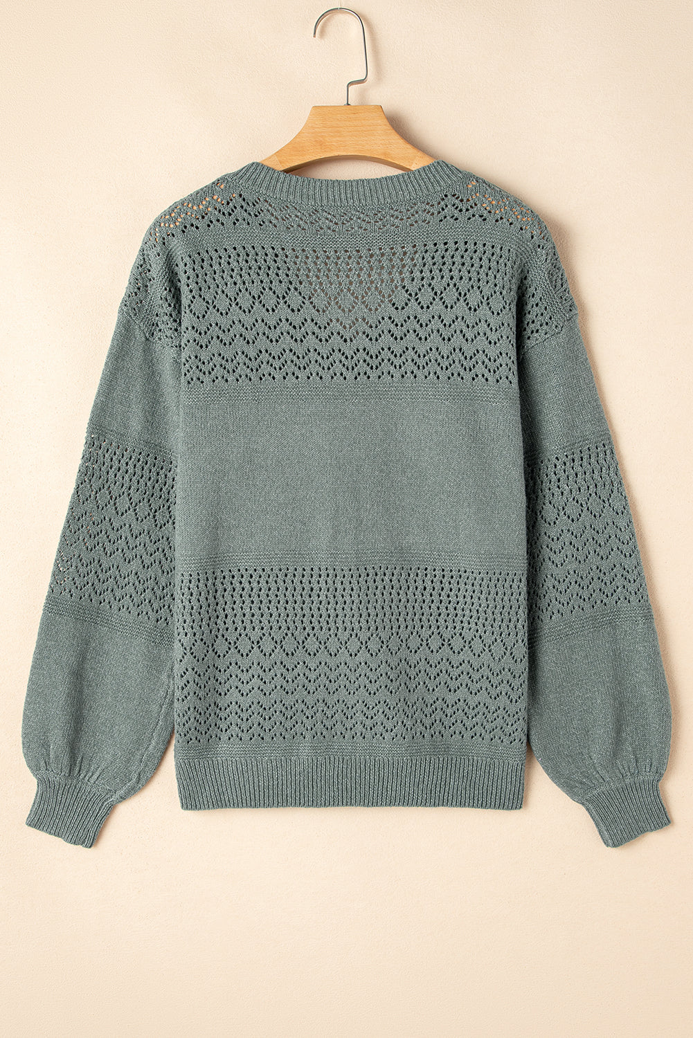 Mist Green Eyelet Pattern Detail V Neck Drop Shoulder Sweater Sweaters JT's Designer Fashion