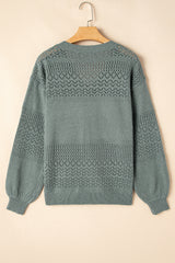 Mist Green Eyelet Pattern Detail V Neck Drop Shoulder Sweater Sweaters JT's Designer Fashion