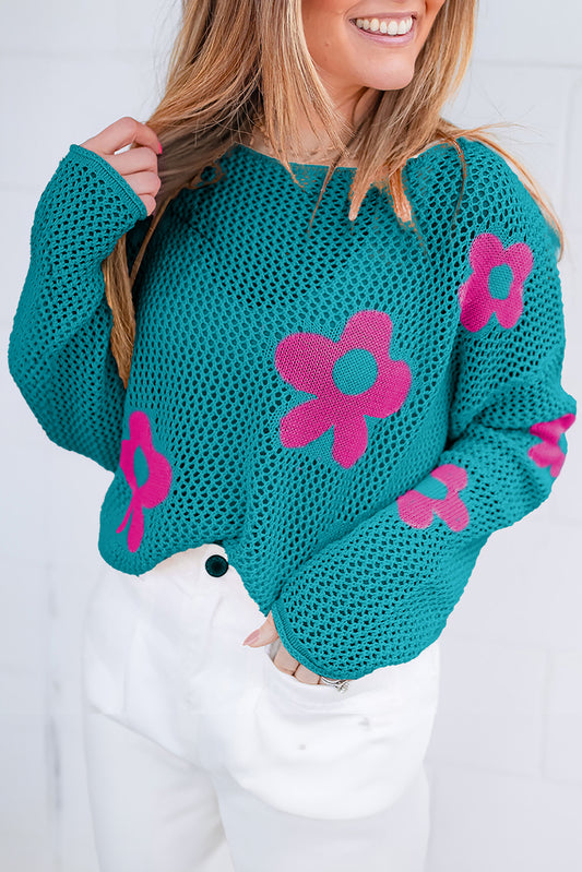 Sea Green Big Flower Hollowed Knit Drop Shoulder Sweater Sea Green 55%Acrylic+45%Cotton Sweaters JT's Designer Fashion