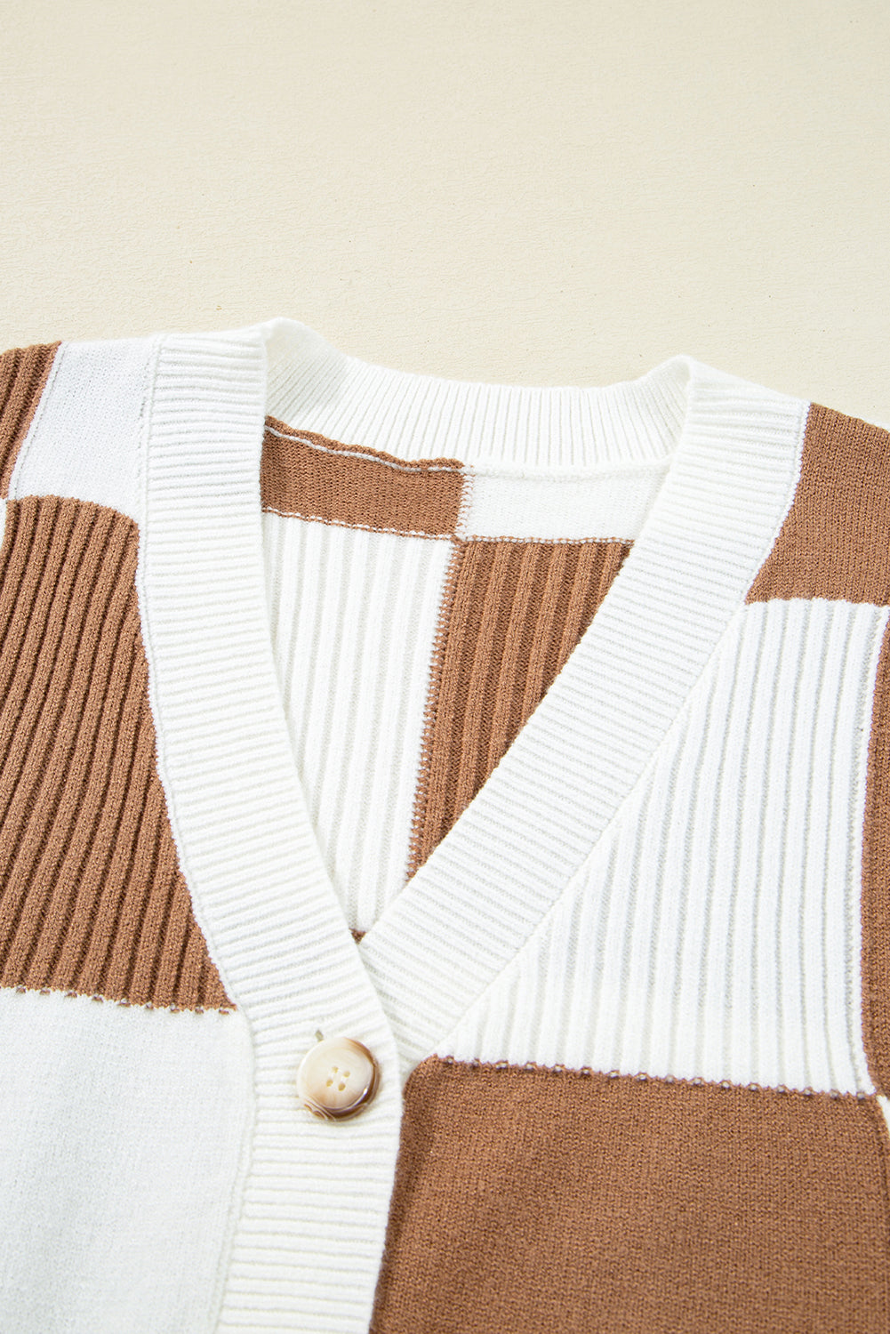 Khaki Checkered Pattern Ribbed Detail Button V Neck Sweater Cardigan Cardigans JT's Designer Fashion