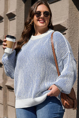 Dark Blue Striped Textured Knit Contrast Edge Loose Sweater Sweaters JT's Designer Fashion