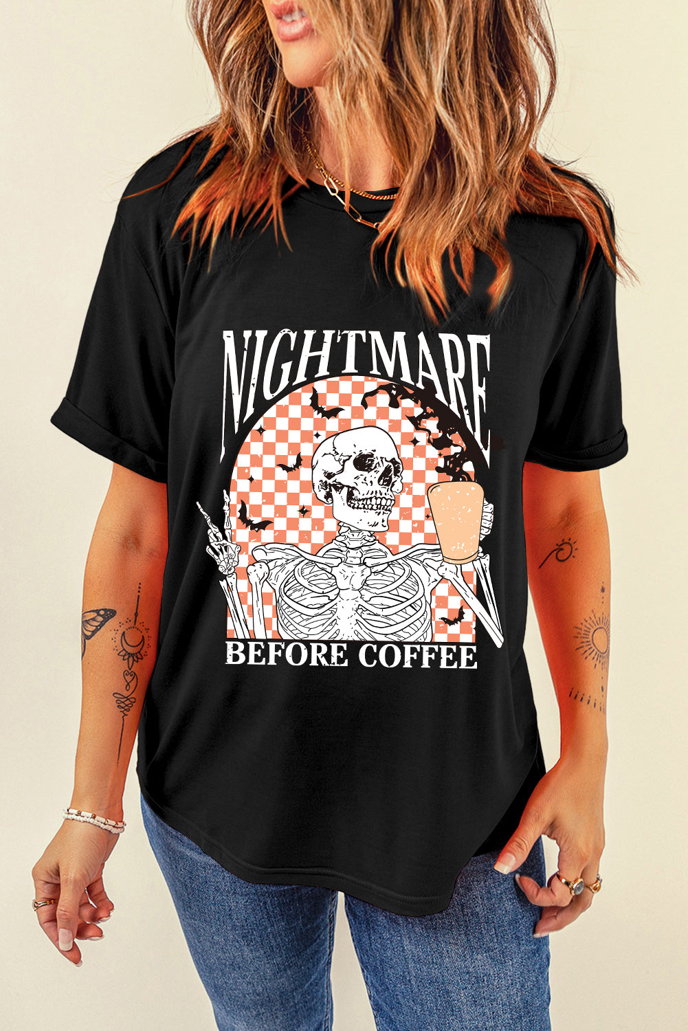 Black Nightmare Before Coffee Skull Checkerboard Graphic Halloween Tee Graphic Tees JT's Designer Fashion