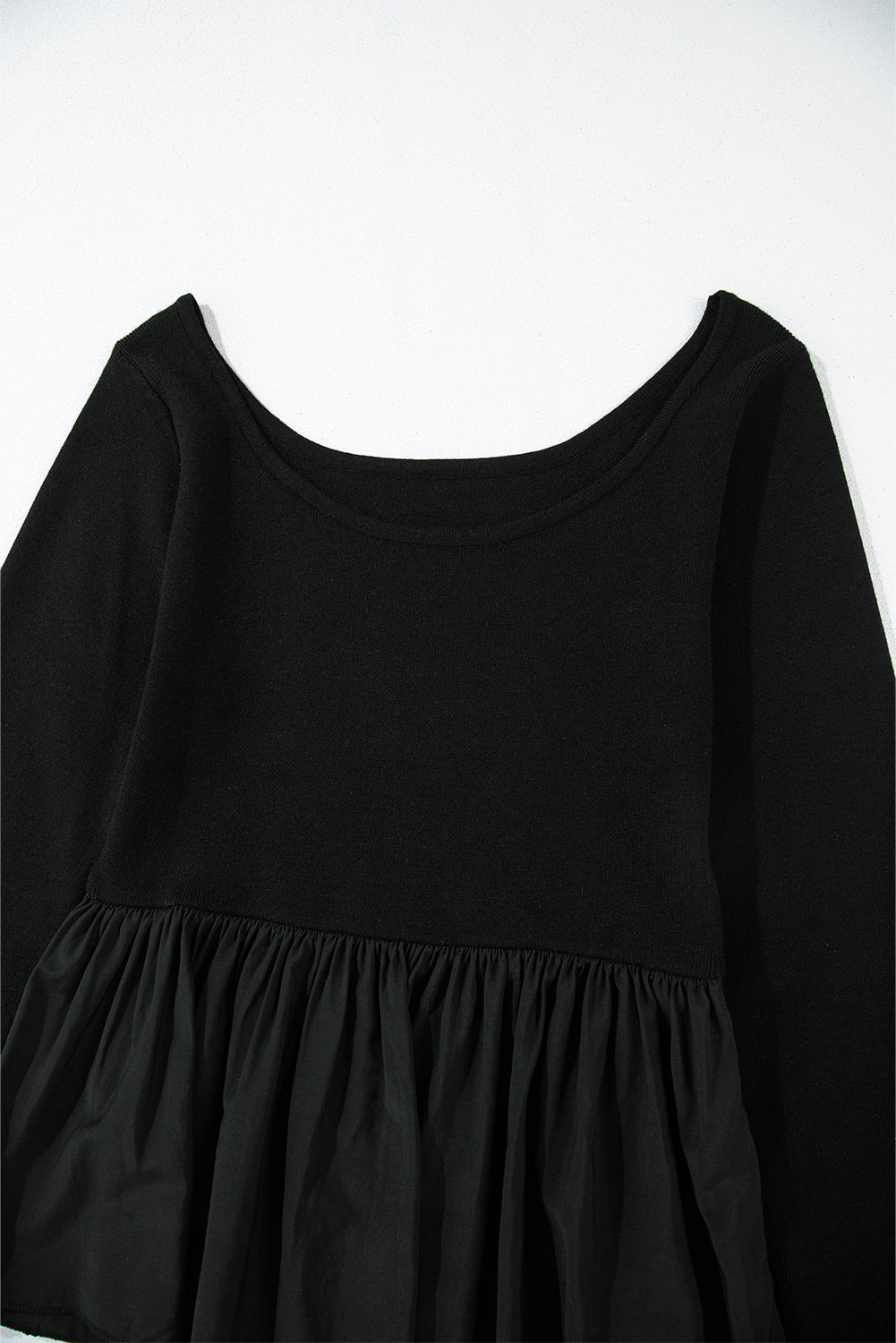 Black Ribbed Knit Long Sleeve Scoop Neck Peplum Patchwork Top Long Sleeve Tops JT's Designer Fashion