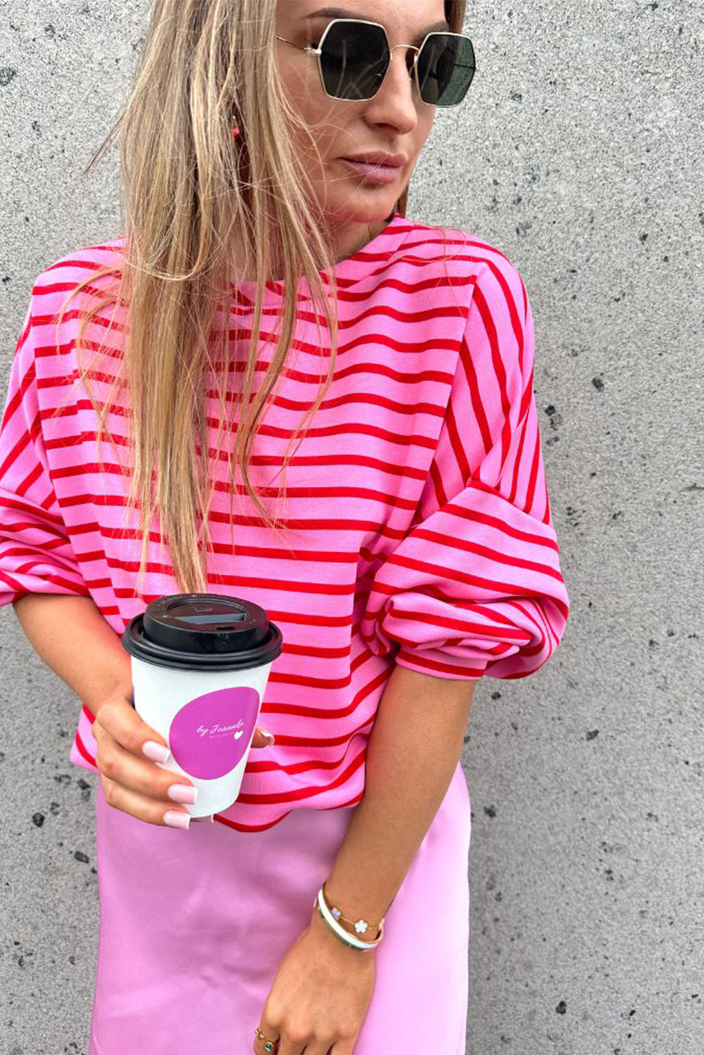 Sachet Pink Striped Print Crew Neck Drop Shoulder Sweatshirt Sweatshirts & Hoodies JT's Designer Fashion