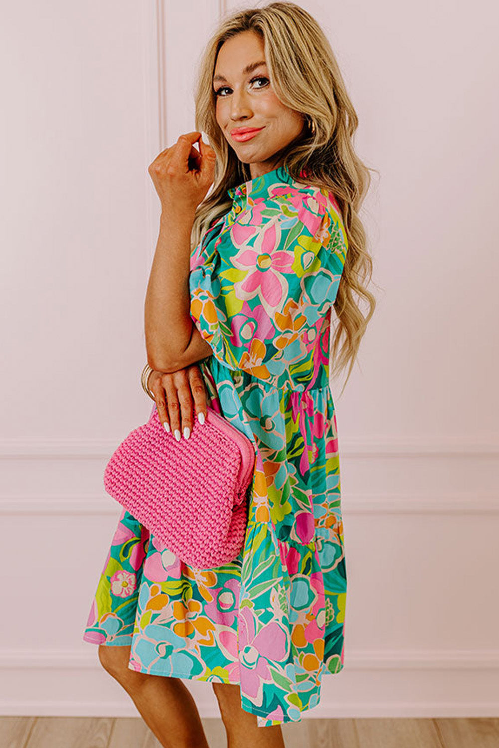Green Floral Puff Sleeve Collar Buttoned Plus Babydoll Dress Dresses JT's Designer Fashion