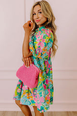 Green Floral Puff Sleeve Collar Buttoned Plus Babydoll Dress Dresses JT's Designer Fashion