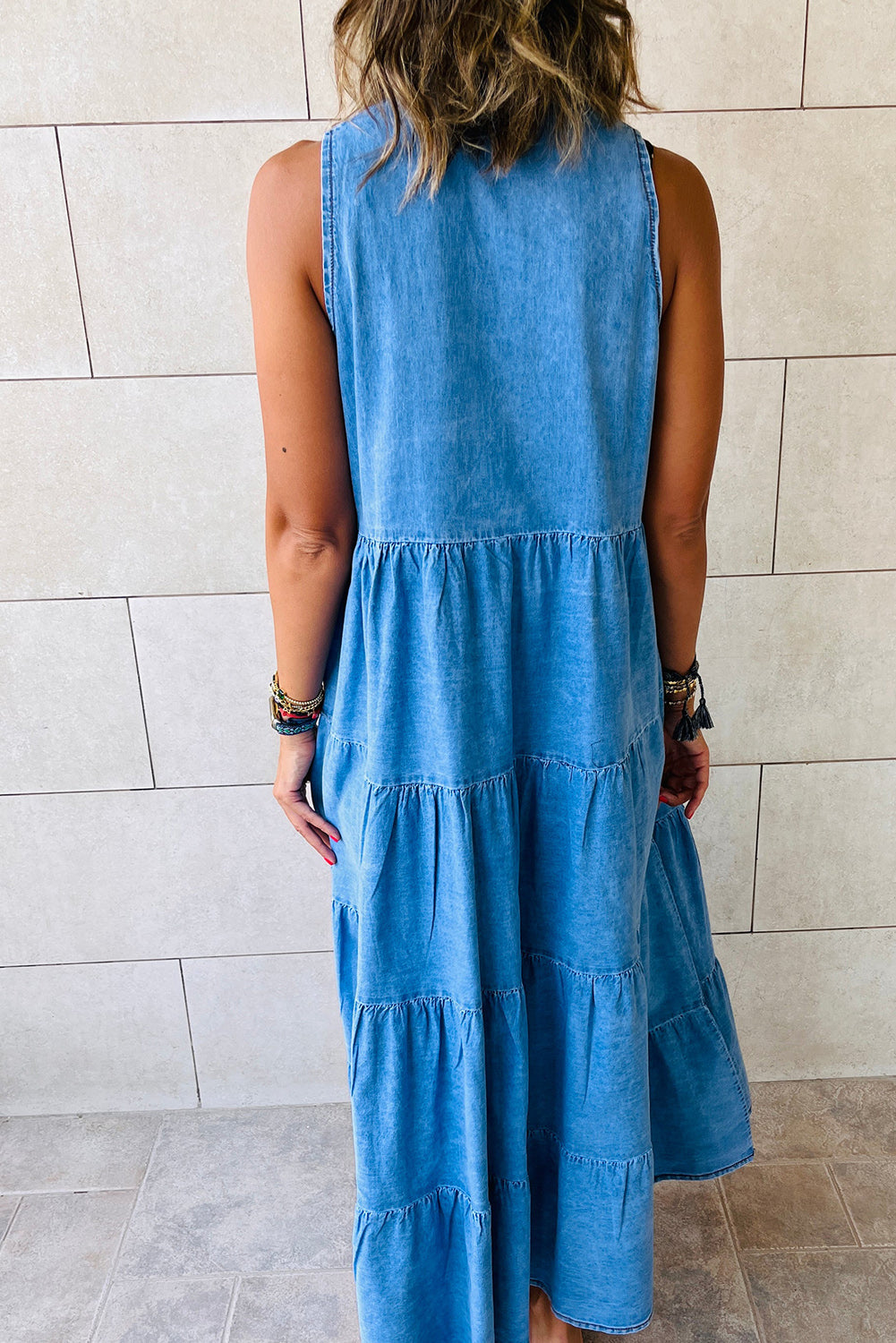 Blue Sleeveless Tiered Chambray Maxi Dress Dresses JT's Designer Fashion