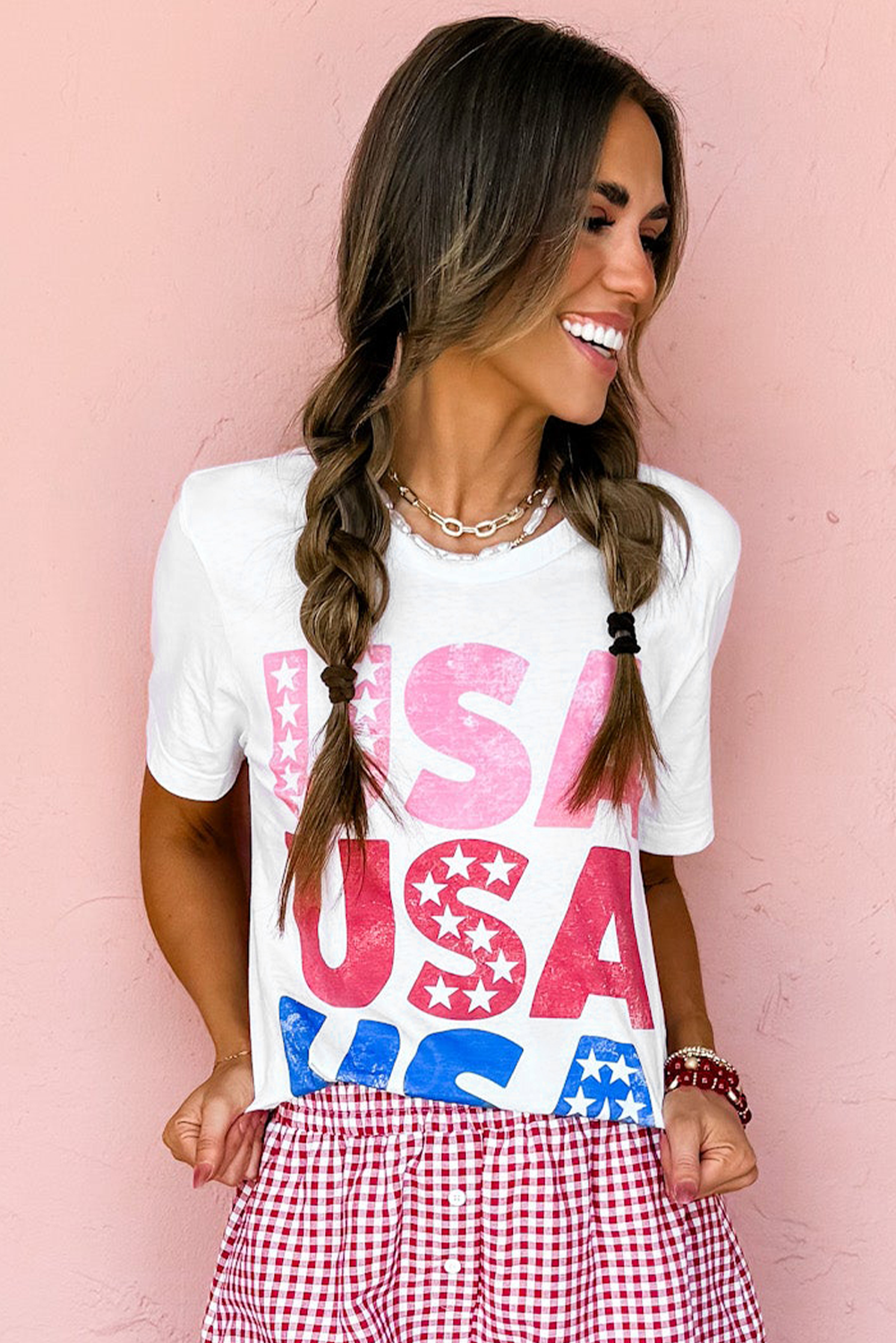 White USA Starry Letter Graphic Cotton Blend T Shirt Graphic Tees JT's Designer Fashion