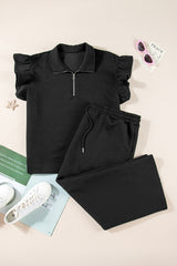 Black Plus Ruffled Sleeve Quarter Zip Top Wide Leg Pants Set Plus Size Bottoms JT's Designer Fashion