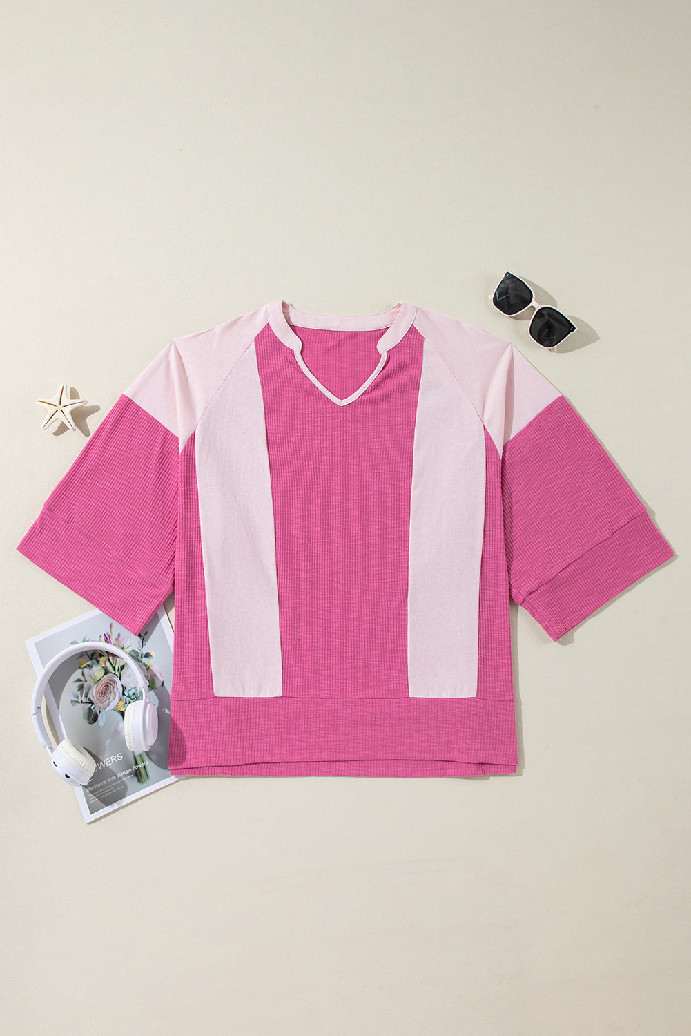 Bright Pink Textured Colorblock 3/4 Sleeve Oversize Top Long Sleeve Tops JT's Designer Fashion
