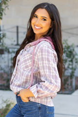 Pink Checkered Print Loose Fit Buttoned Hooded Shacket Plaid Shackets JT's Designer Fashion