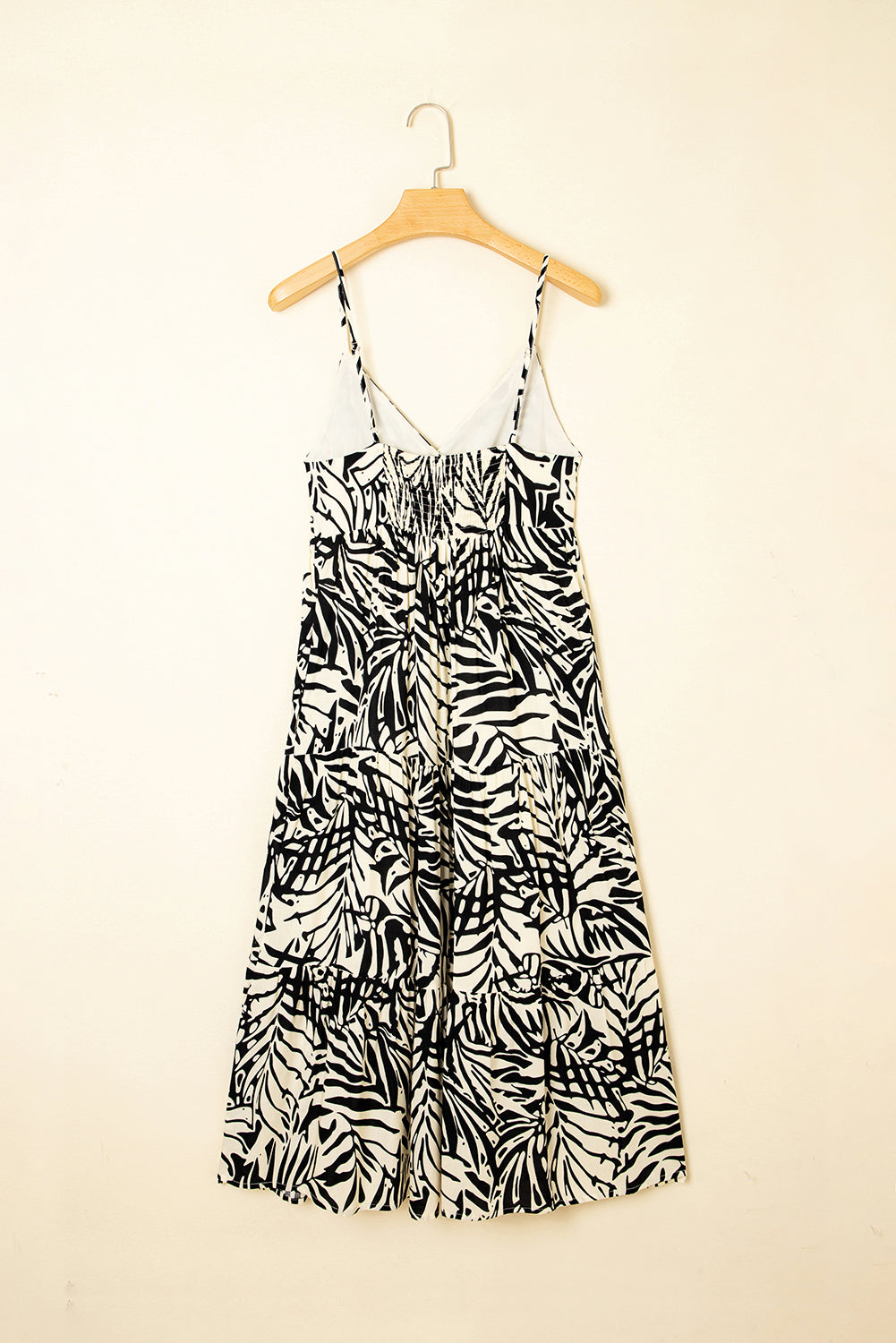 Khaki Tropical Palm Print Wrapped V Neck Spaghetti Straps Tiered Dress Midi Dresses JT's Designer Fashion