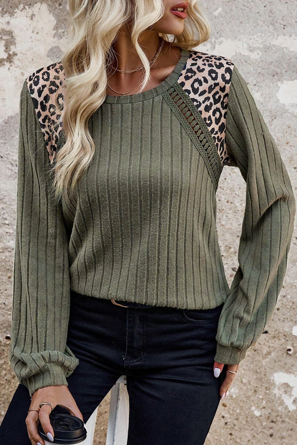 Moss Green Leopard Print Crochet Patchwork Rib Textured Knit Top Long Sleeve Tops JT's Designer Fashion