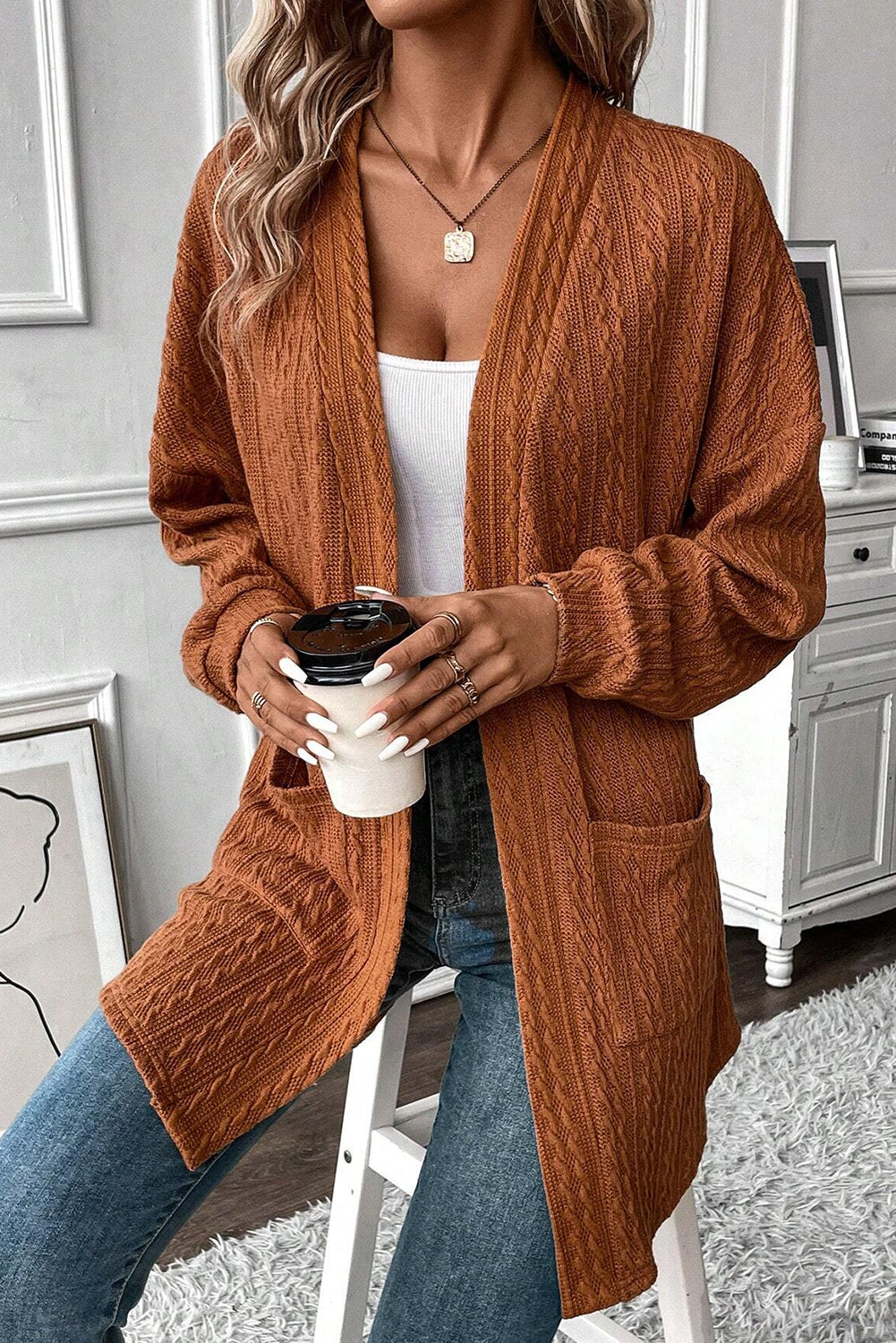 Chestnut Textured Knit Side Pockets Open Front Cardigan Cardigans JT's Designer Fashion