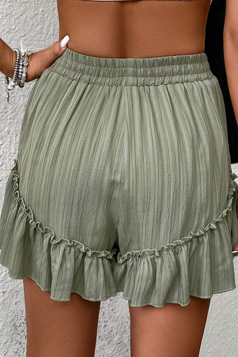 Laurel Green Textured Tie Waist Ruffle Hem Shorts Casual Shorts JT's Designer Fashion