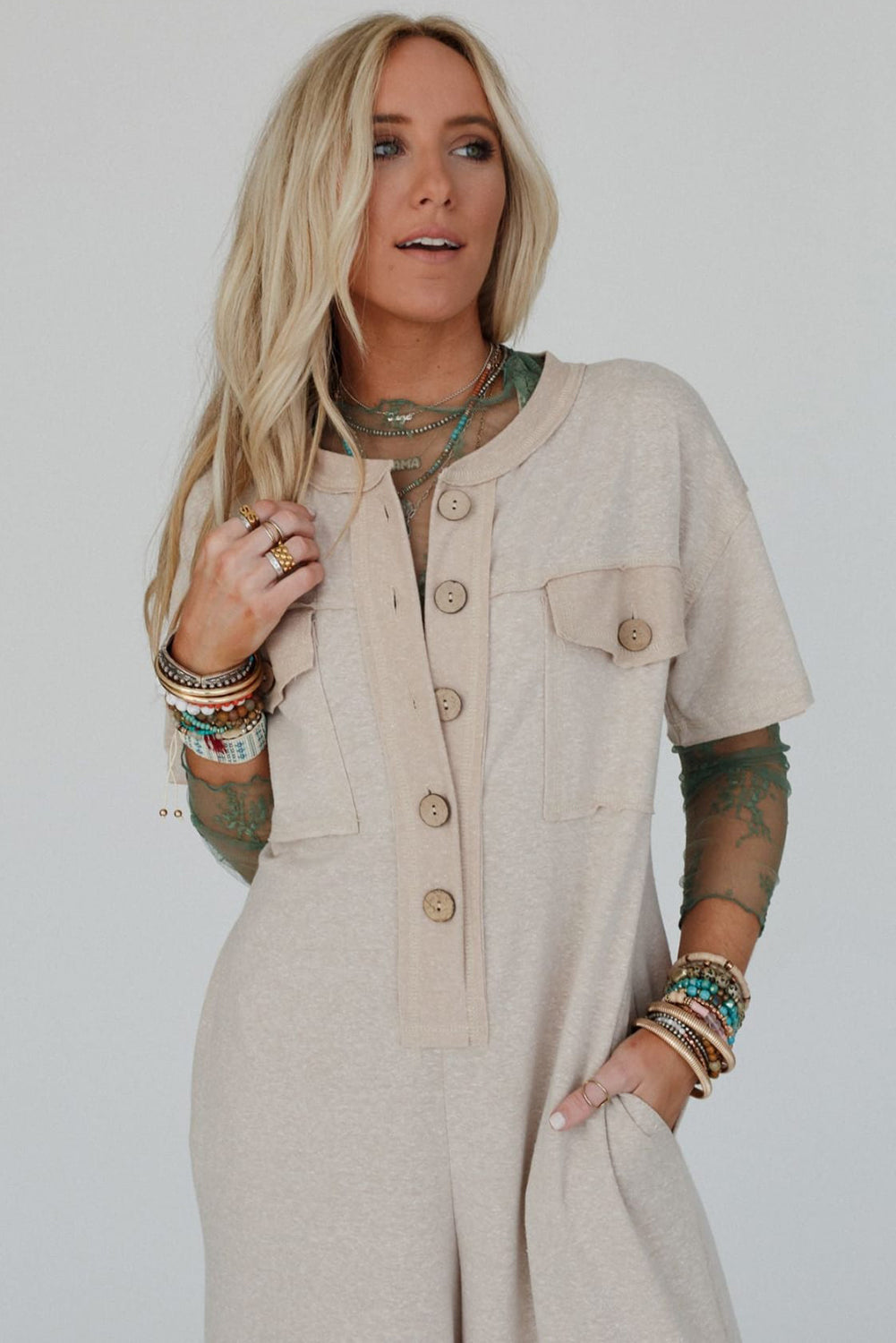Jet Stream Half Placket Chest Pockets Short Sleeve Wide Leg Jumpsuit Bottoms JT's Designer Fashion