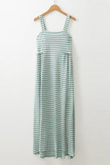 Green Stripe Shirred Frilled High Waist Sleeveless Loose Fit Long Dress Maxi Dresses JT's Designer Fashion
