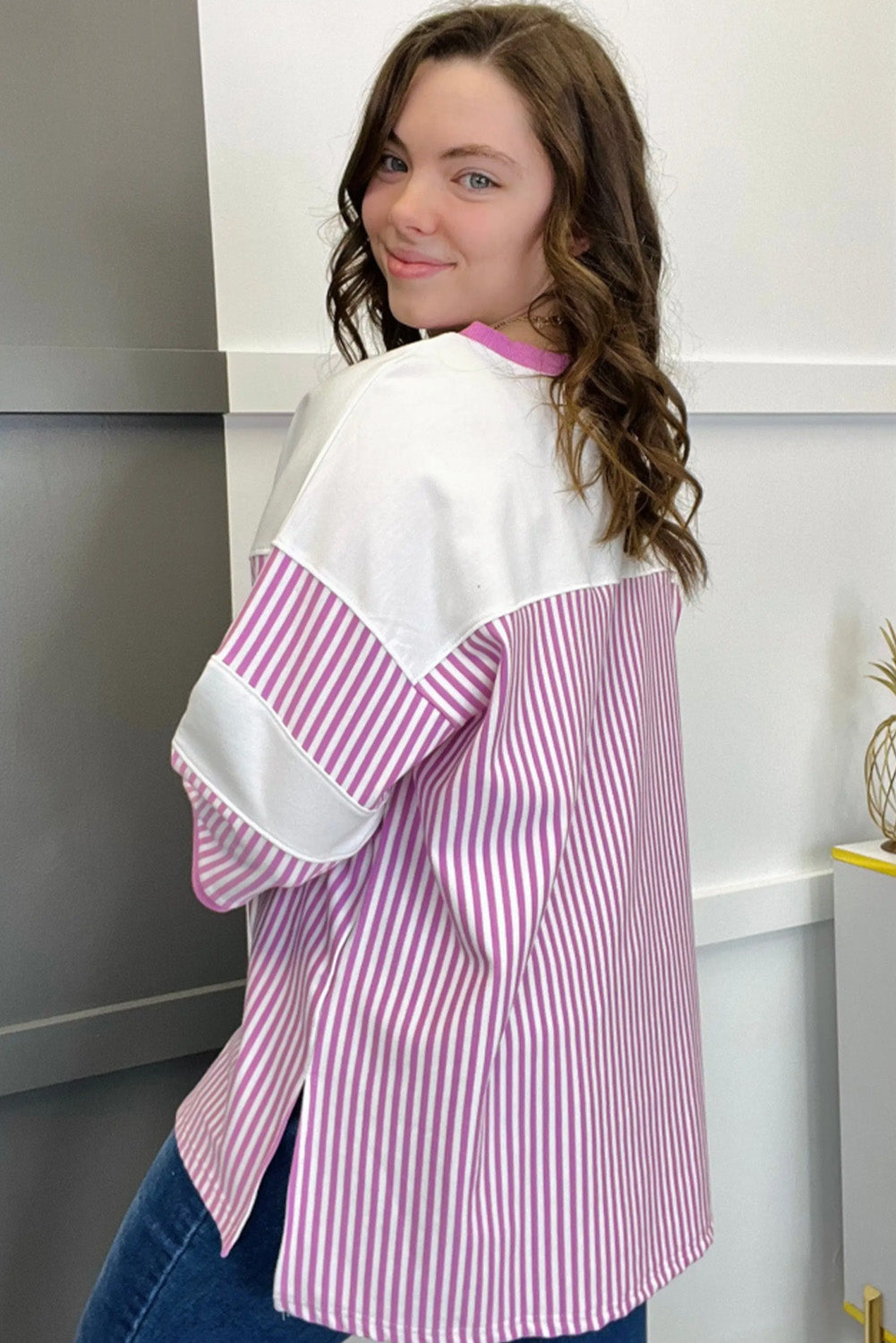 Pink Stripe Patchwork Bracelet Sleeve Plus Size T Shirt Plus Size JT's Designer Fashion
