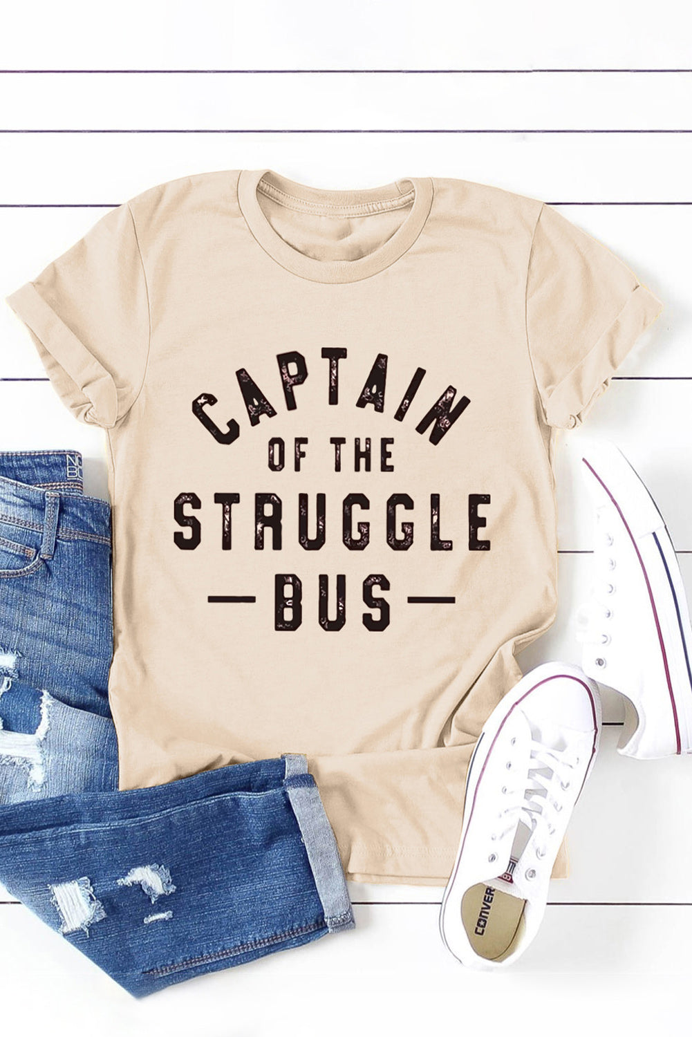 Khaki Captain of The Struggle Bus Graphic T-shirt Khaki 95%Polyester+5%Spandex Graphic Tees JT's Designer Fashion