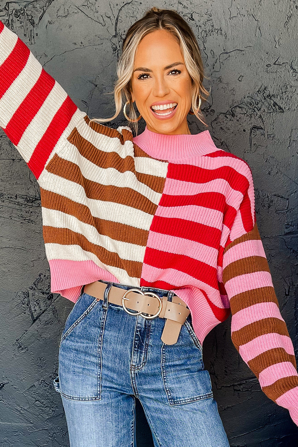 Pink Stripe Color Block High Neck Drop Shoulder Loose Sweater Sweaters JT's Designer Fashion